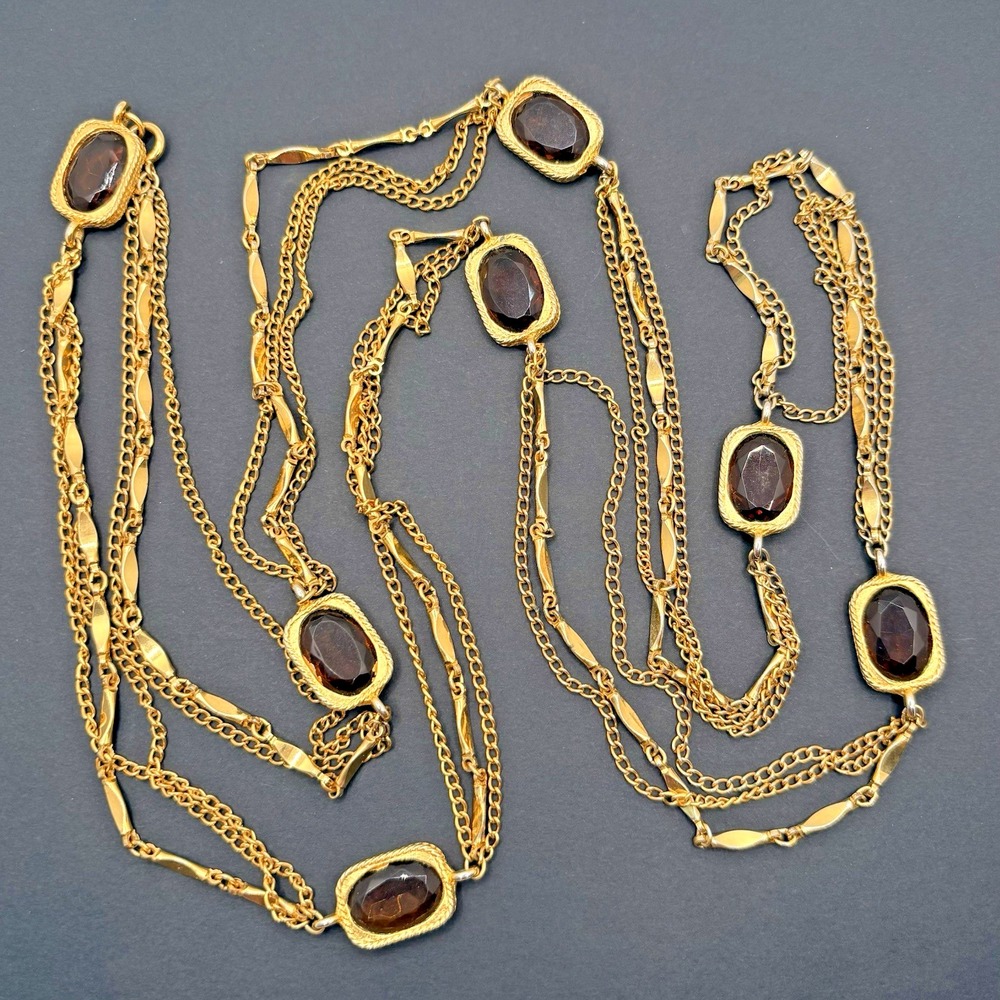 Vintage Sarah Coventry Golden Embers Necklace 1967 Faceted Amber Glass Station
